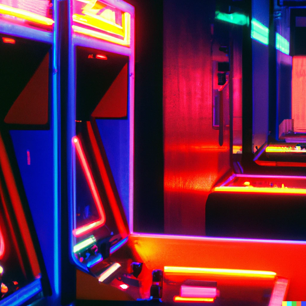 Prompt: inside a gaming arcade with neon light as seen in 1985