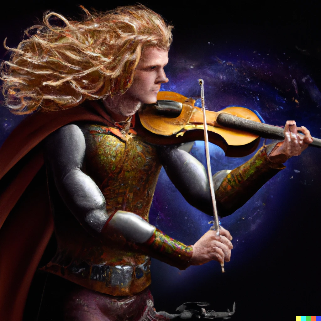 Prompt: Thor with a Violin with a deep background in modern 
