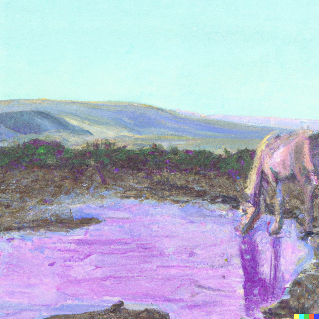 Prompt: A impressionist purple horse drinking water in an endless landscape
