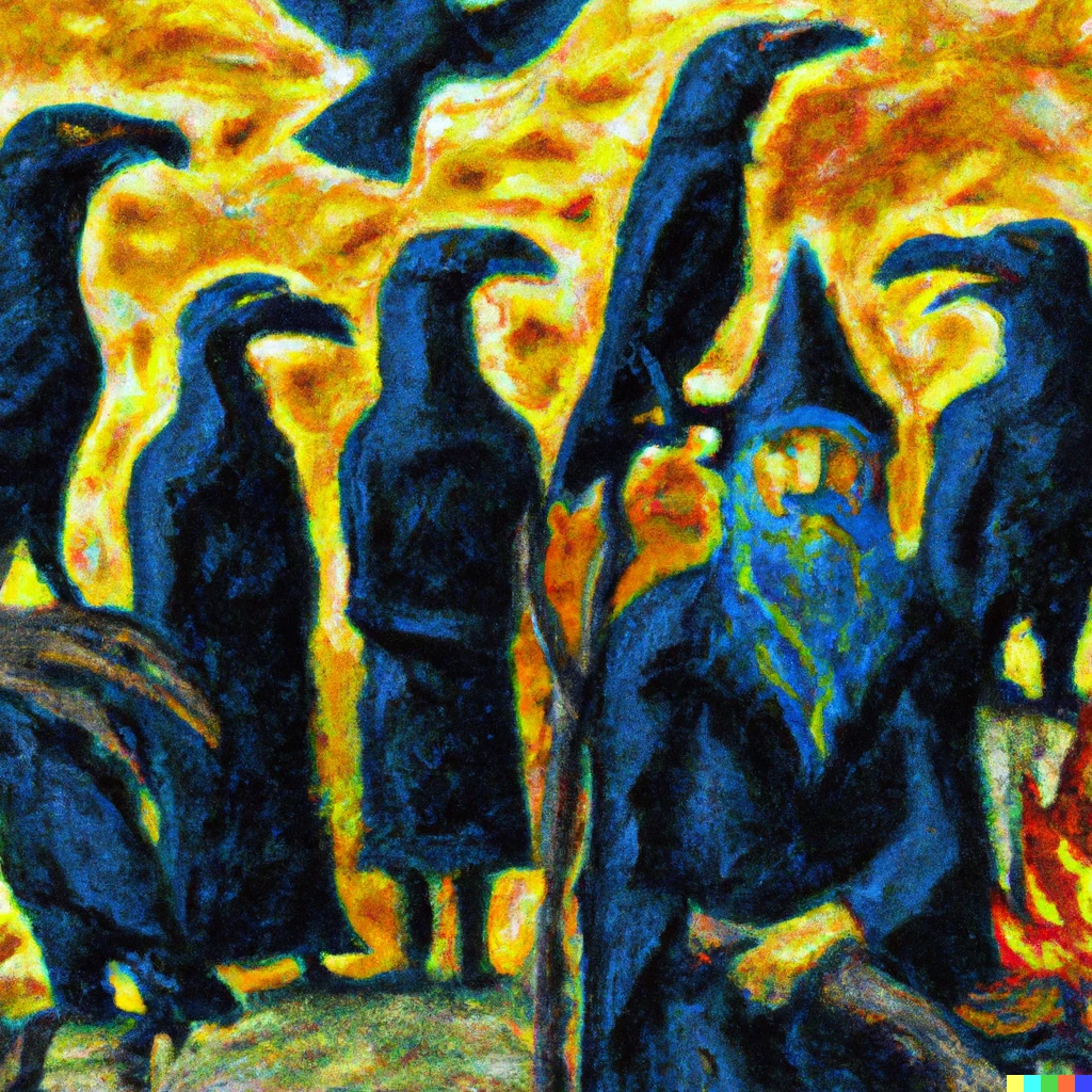 Prompt: An oil painting of Odin and his ravens in the style of Van Gogh