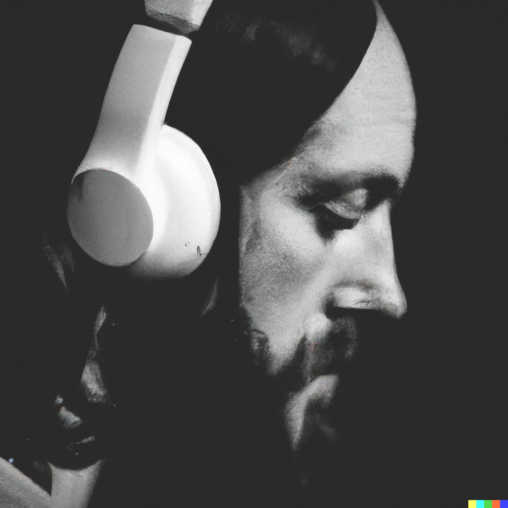 Prompt: A black and white monochrome close-up shot of Jesus Christ wearing headphones with a dark background