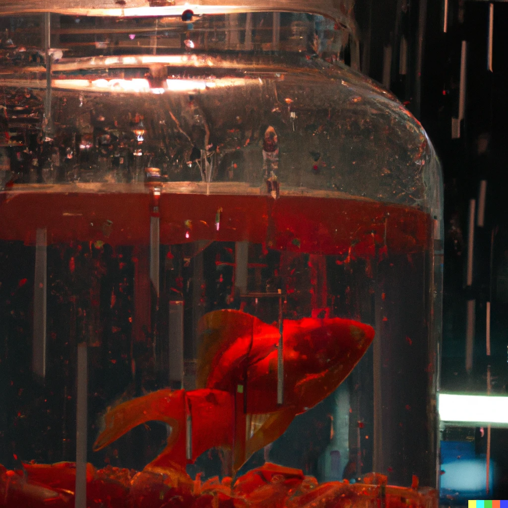 Prompt: A red goldfish swims in a large glass cylindrical jar wagging its big tail Rain is falling and the jar is overflowing in the night, illuminated by outside lights.