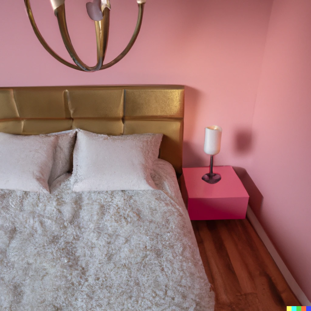 Prompt: A loft bedroom painted pink with a gold bed next to a night stand. There is a ring light standing beside the bed.
