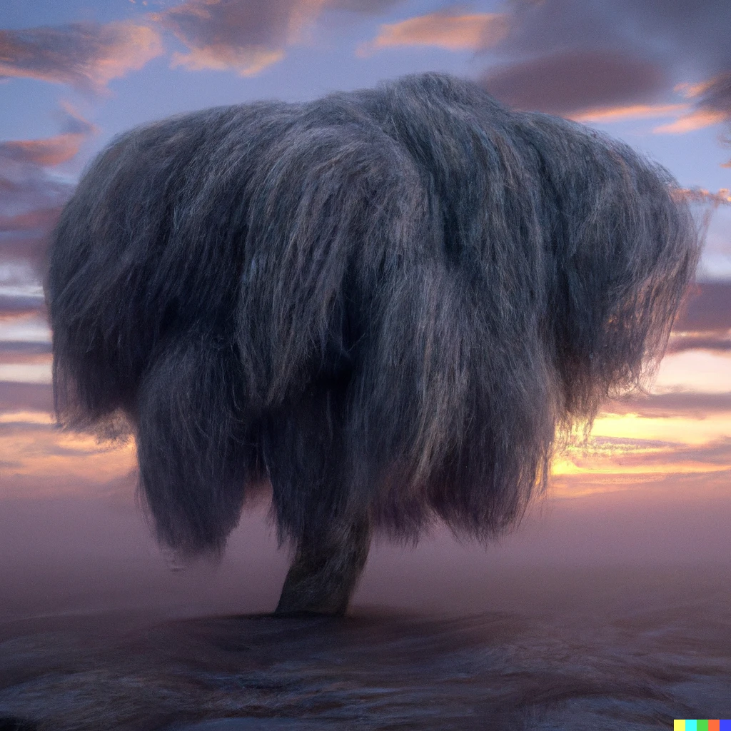 Prompt: A tree made of grey fur at sunset, digital art