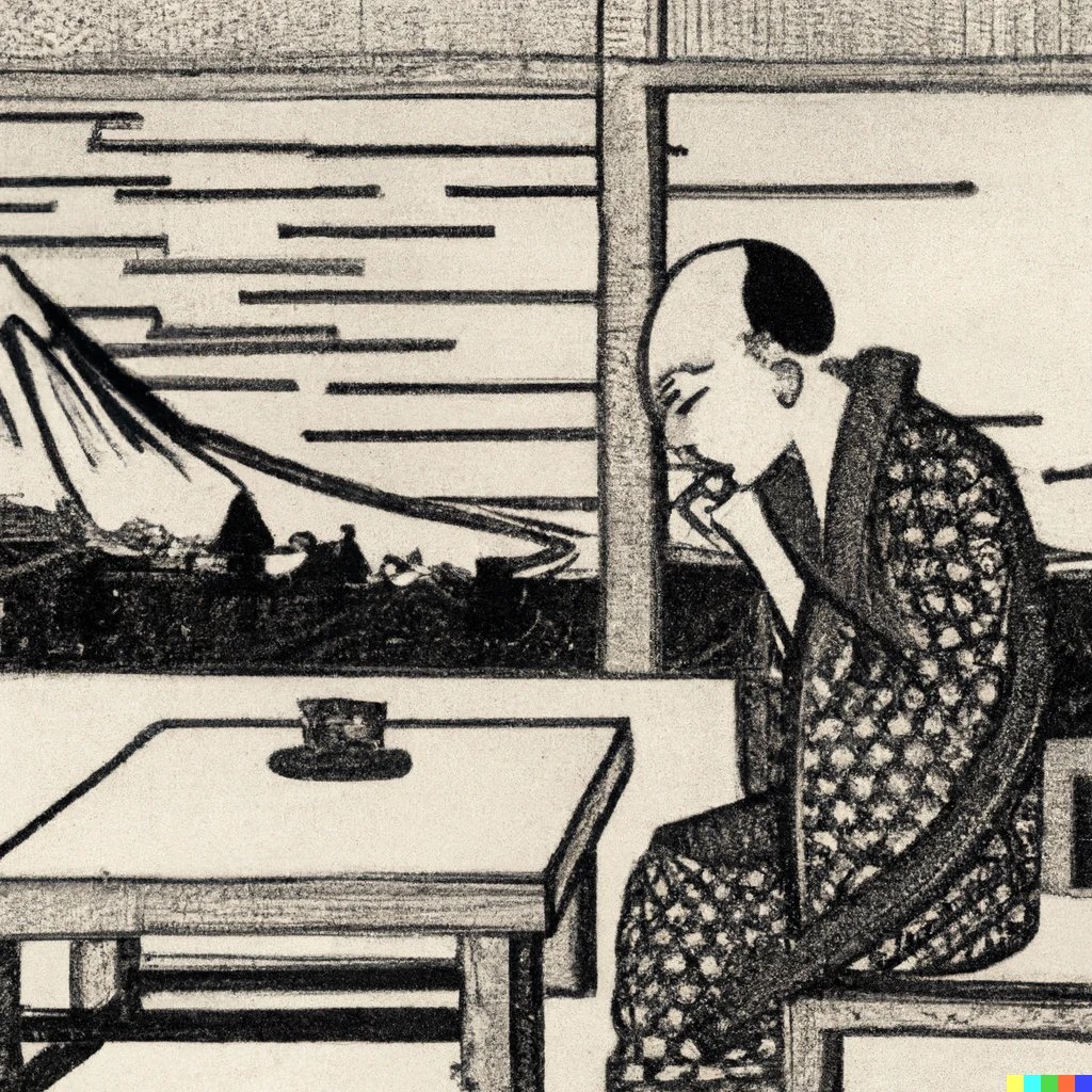 Prompt: A salaryman sits at a table drinking coffee. He is sad that his business meeting did not go well. The pointy, snow-covered peak of Mt. Fuji looms in the distant background, taunting its permanence. The man’s face, in profile, looks forlorn.  Woodblock print by Hokusai. 