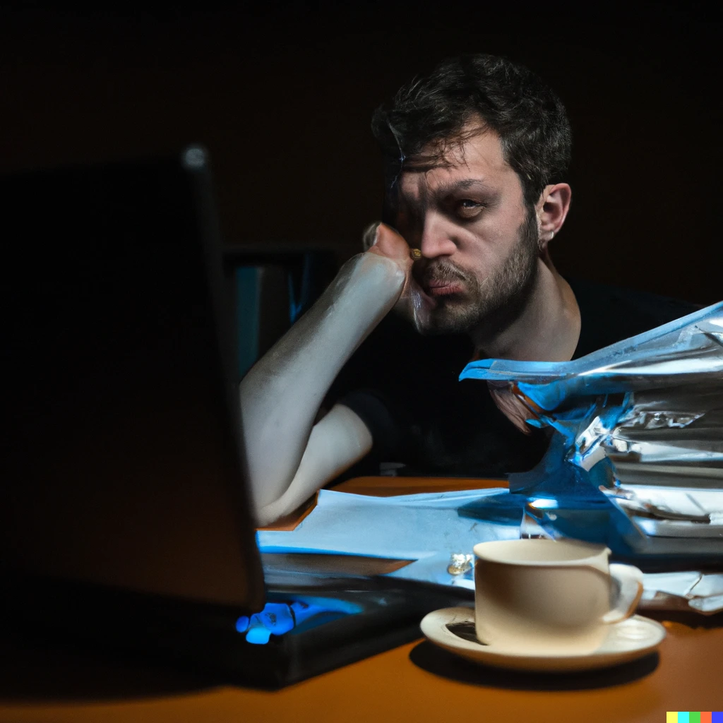 Prompt: A tired phd student working late night on his laptop, with a large pile of papers and coffee mug on the table