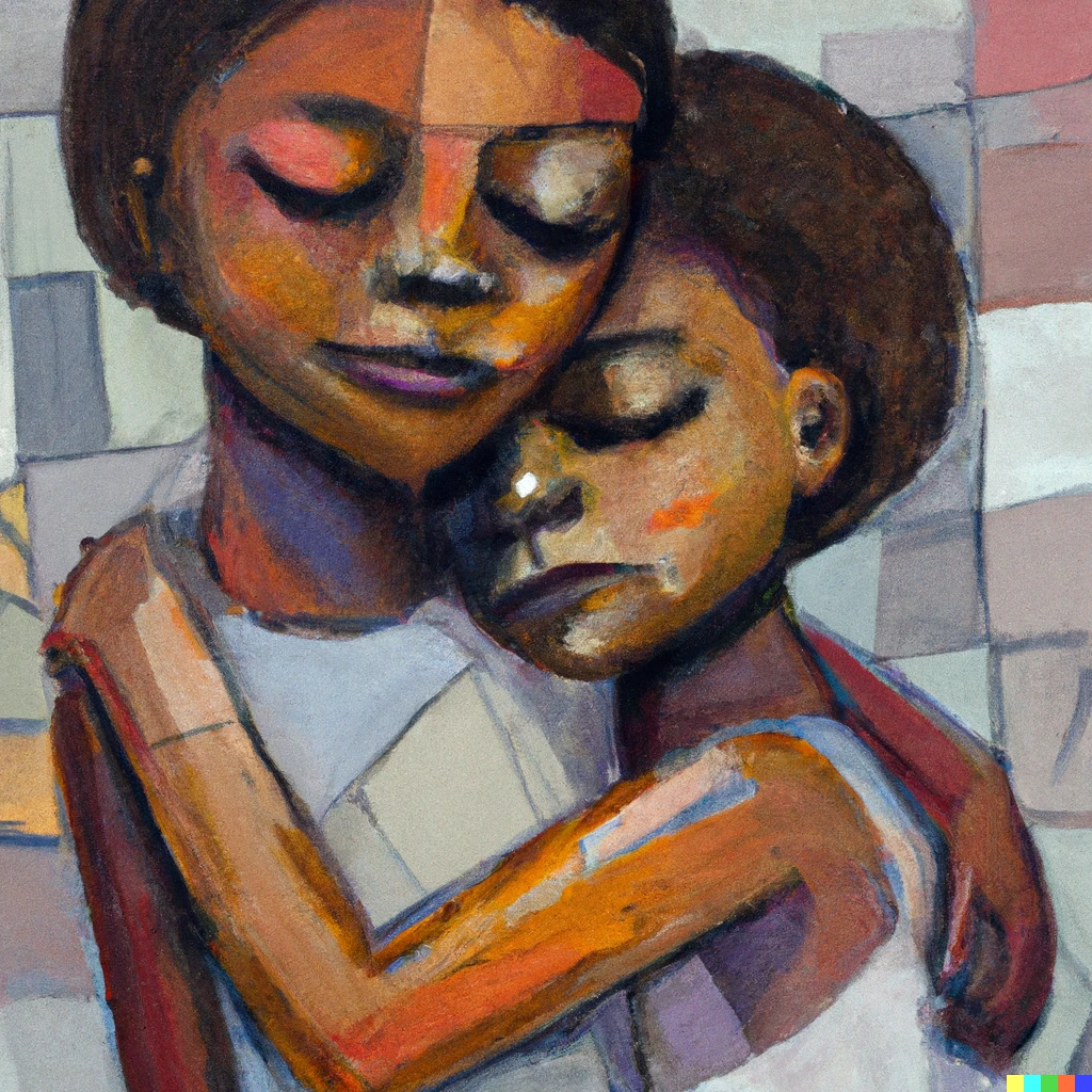 Prompt: A cubist painting of two children hugging, muted colors