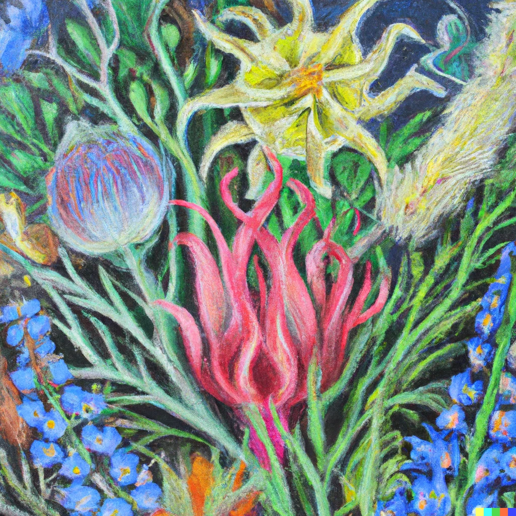 Prompt: detailed flora of Voynich Codex, colorful,  light, oil pastel