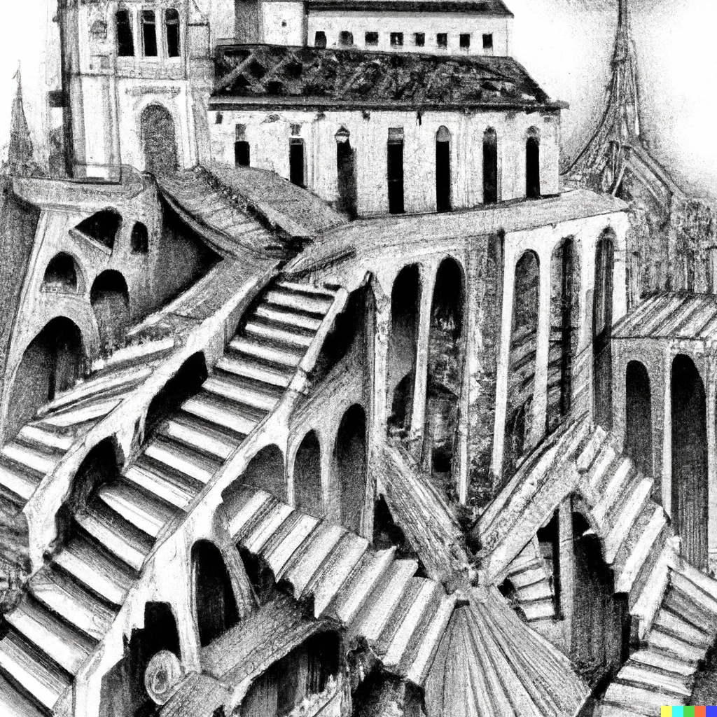 Prompt: a mysterious cathedral from other dimension, painted by Bruegel the Elder with   M.C. Escher stairs