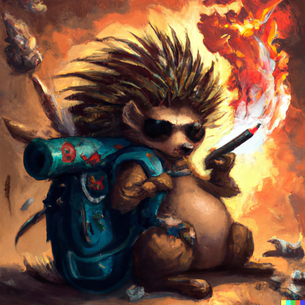 Prompt: Realistic painting of a hedgehog warrior with a sword wearing a backpack and sunglasses smoking a cigar with an explosion in the background
