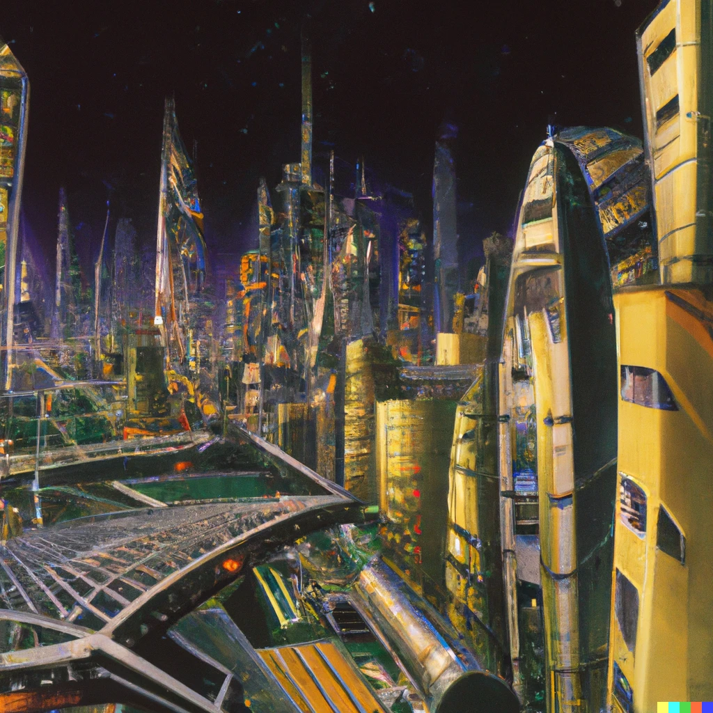 Prompt: Space city by Rick Guidice