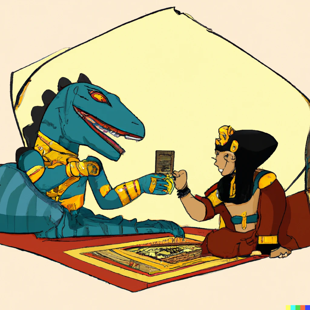 Prompt: Godzilla giving a pharaoh Yu-Gi-Oh cards as ancient Egyptian painting 