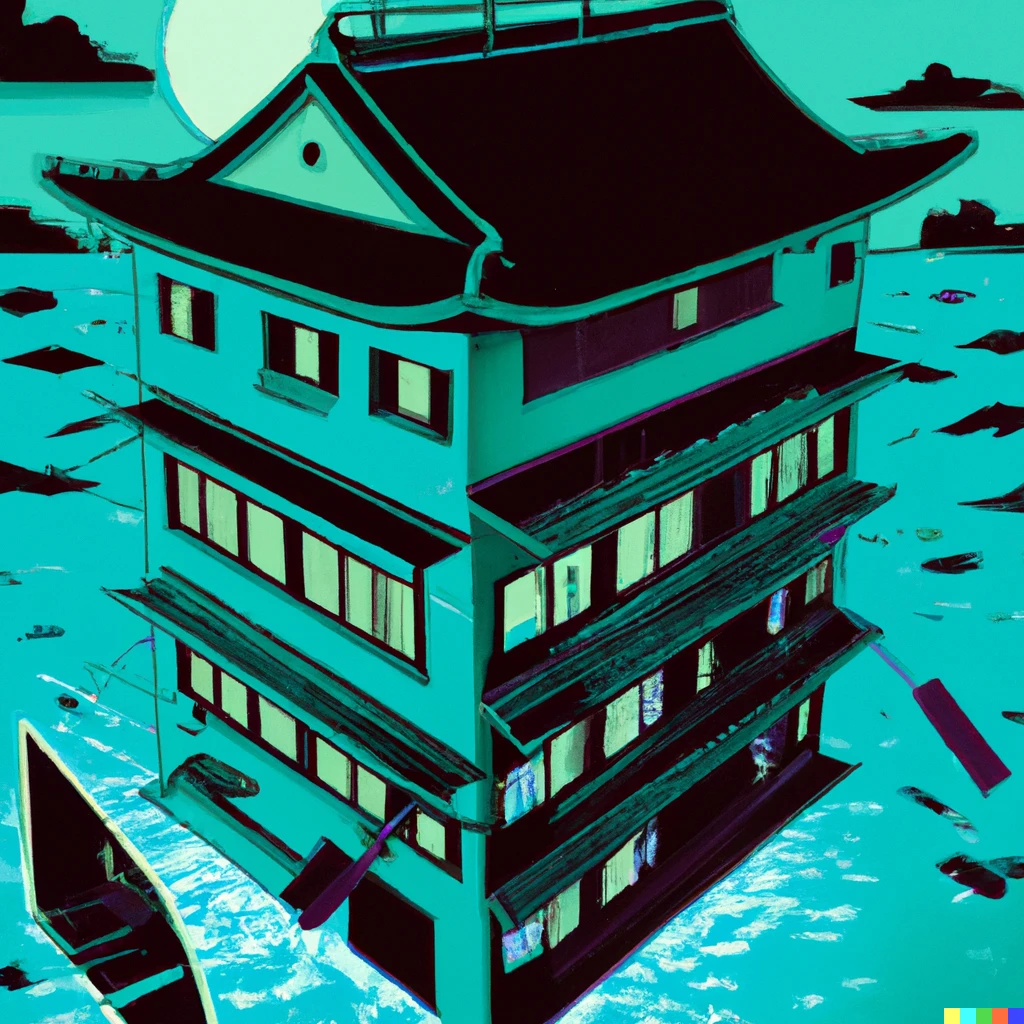 Prompt: a school building floating in an alternate dimension, ukiyo-e 
