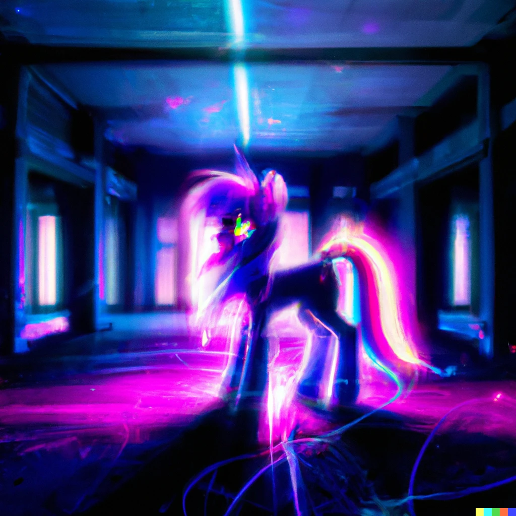 Prompt: 
“Still shot of Twilight sparkle pony wearing a neon hoodie standing in an abandoned library surrounded by swirls of glowing neon light, ultra detailed, award-winning, photorealistic”

