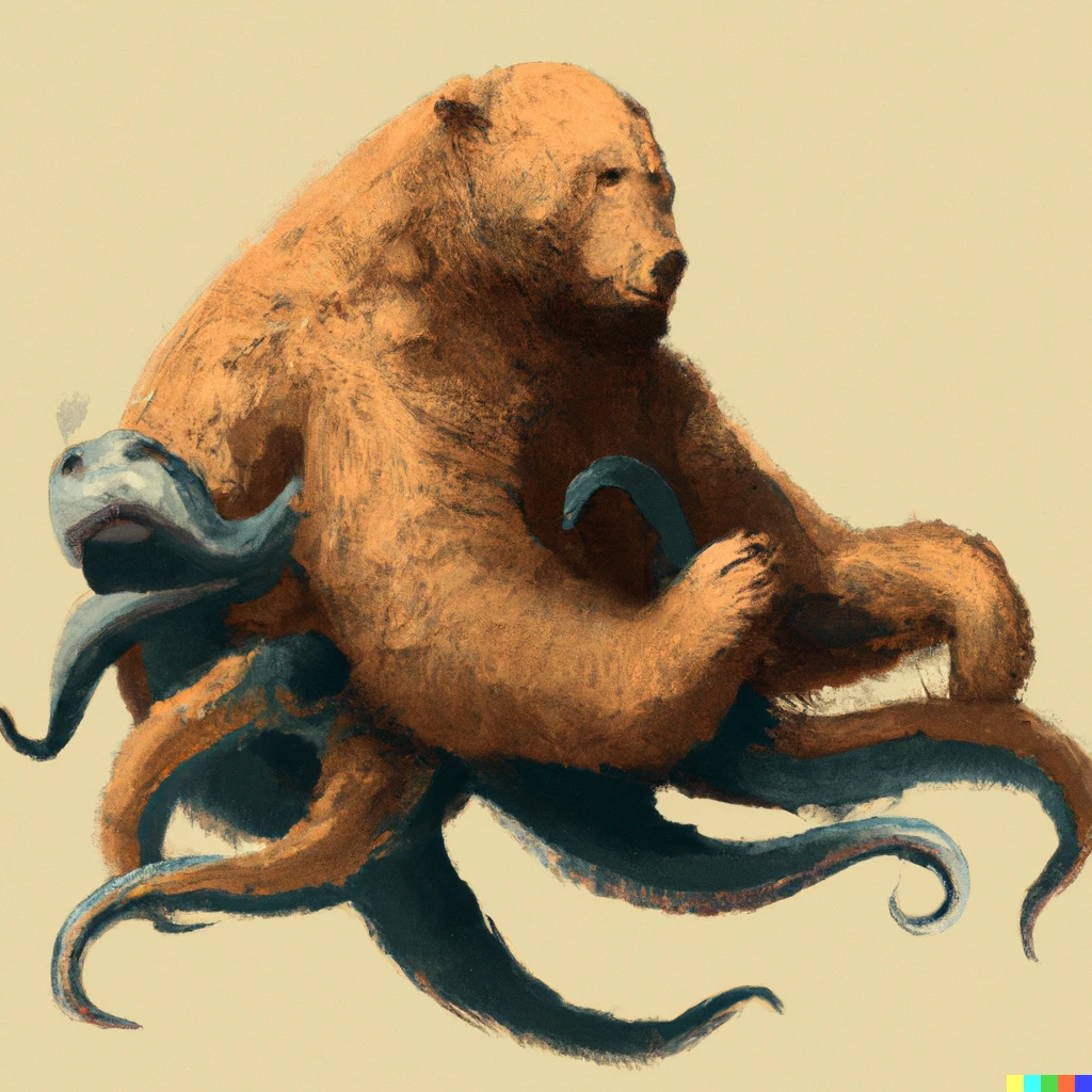 Prompt: an octopus with the upper torso of a grizzly bear for it's head, digital art