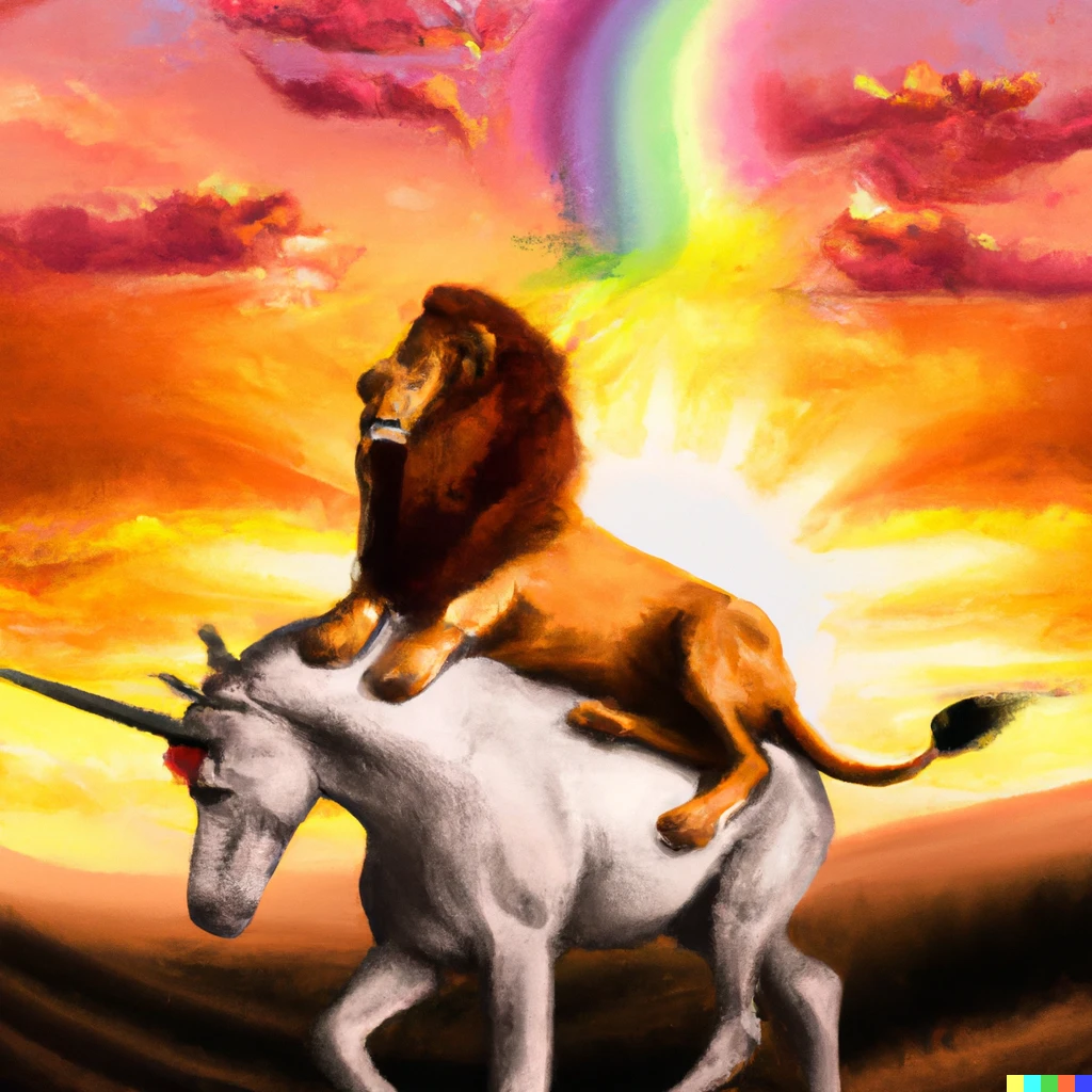 Prompt: Digital art of a male lion riding a rainbow unicorn into the sunset.