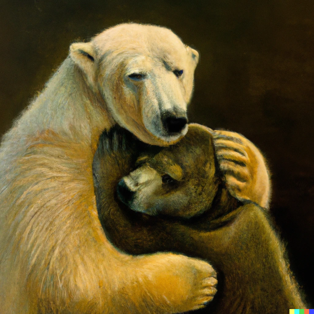 Prompt: a male polar bear and a male brown bear hugging one another in the style of Johannes Vermeer