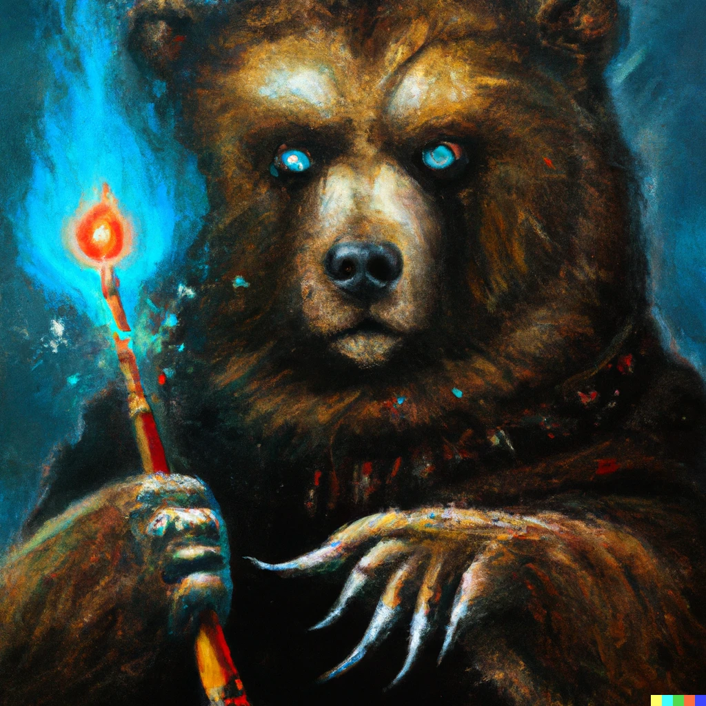 Prompt: a realist painting of a brown bear wizard with blue eyes holding a staff and casting a fire magic spell