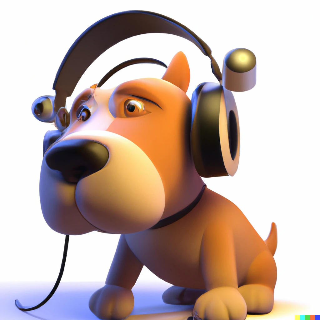 Prompt: a 3d render of a dog wearing headphones djing, digital art