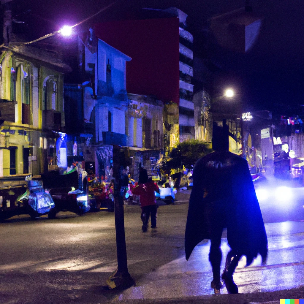 Prompt: a high quality photo of batman walking down the streets of quito, ecuador at night