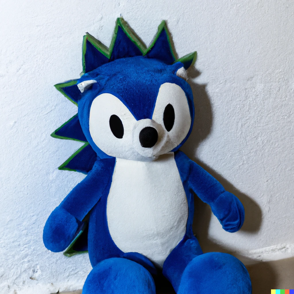 Prompt: A plush toy sonic sitting against a wall