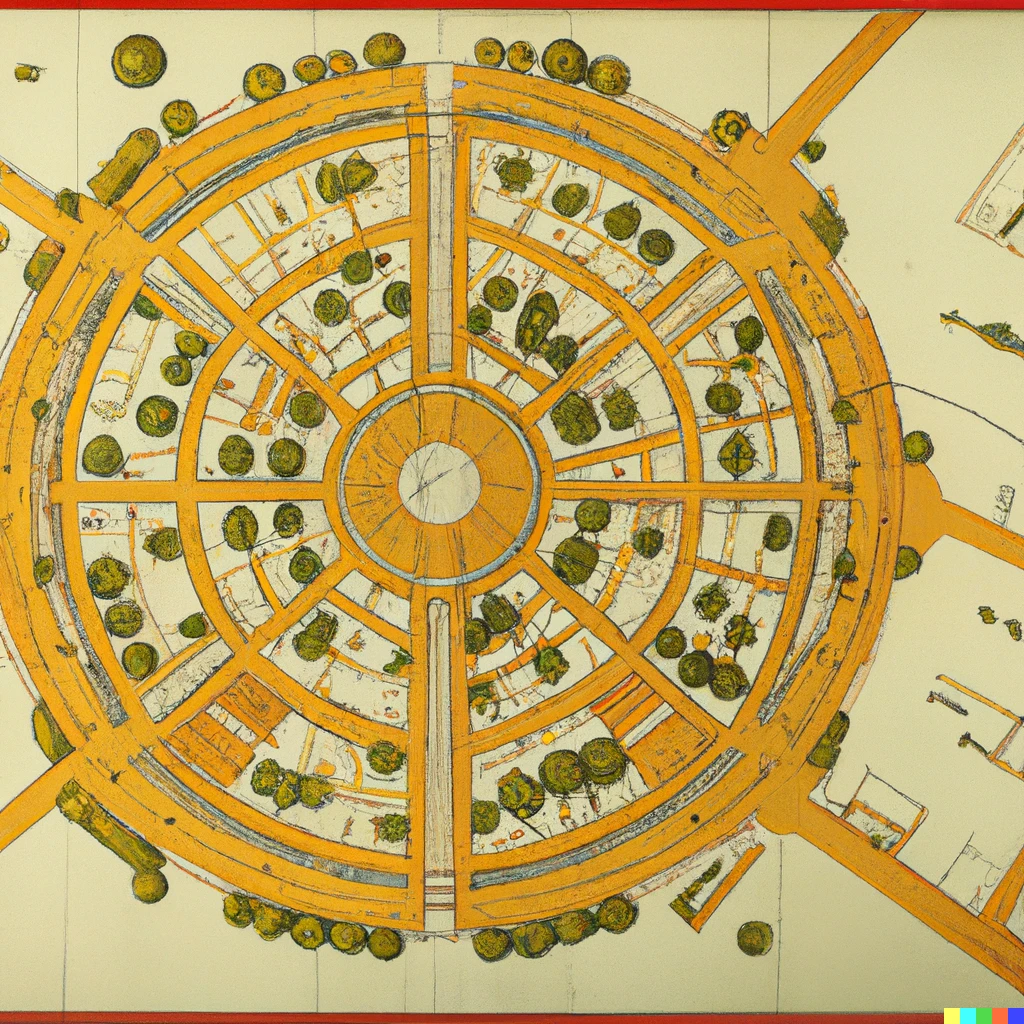 Prompt: Circular Baghdad city at the Islamic Golden Age by Leonardo da Vinci.