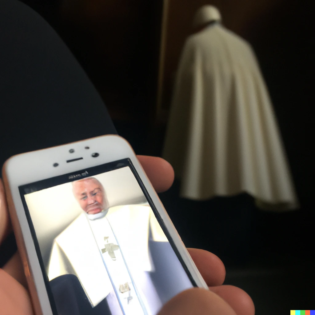Prompt: iPhone in habd of pope