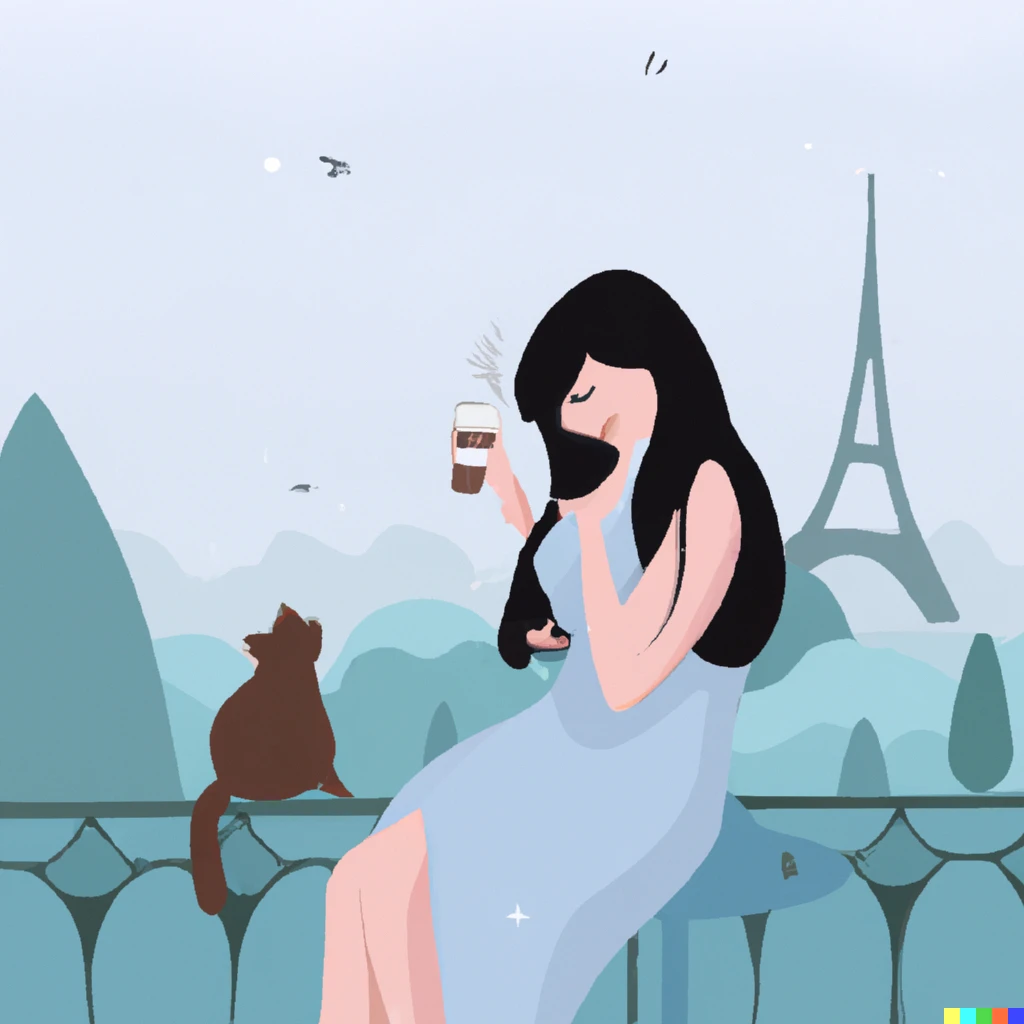 Prompt: An Indian girl with brown hair, wearing an ice blue dress and her cat enjoying a view of the Eiffel Tower and sipping coffee in Toshi Yoshida style