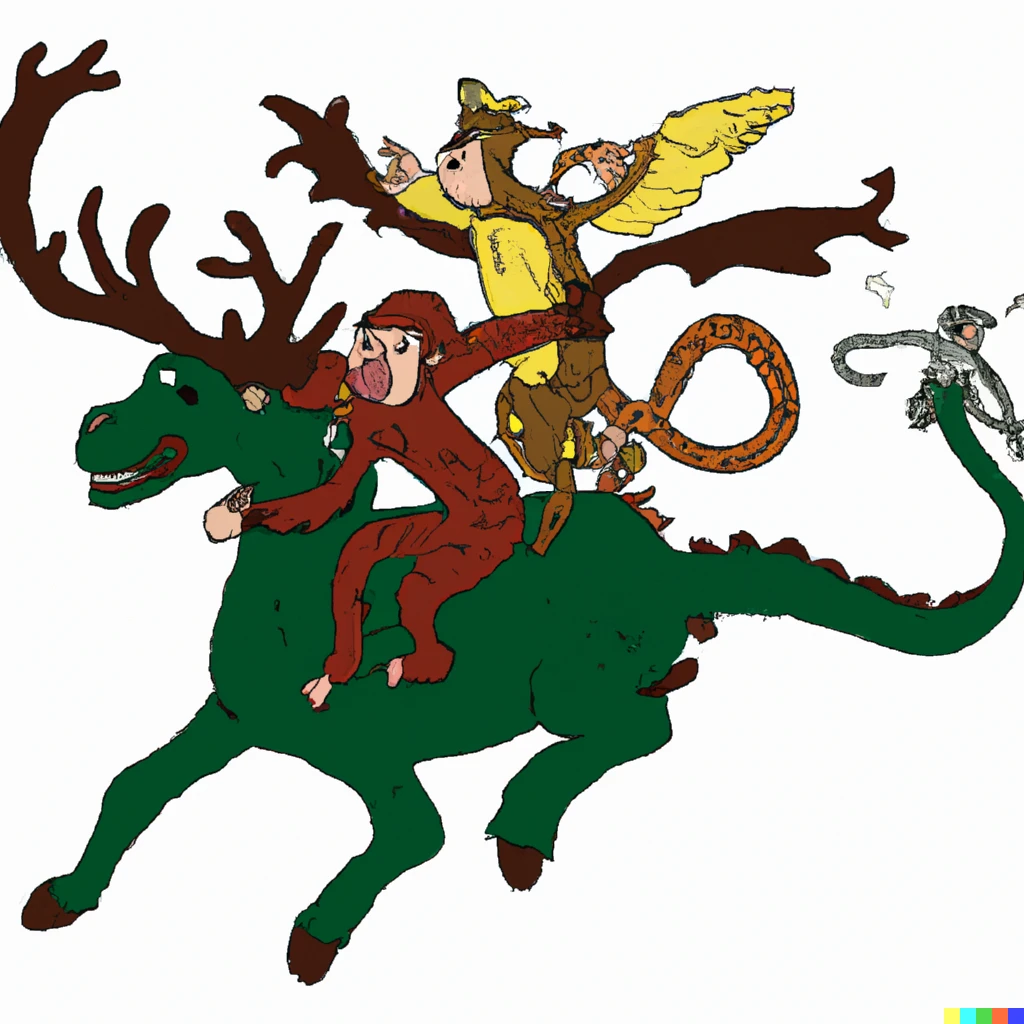 Prompt: A monkey riding a moose riding a dragon, hyperdetailed