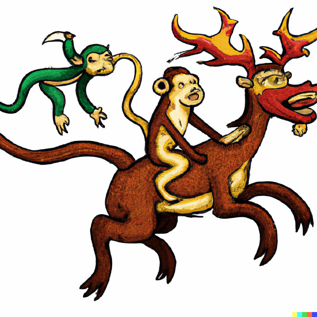 Prompt: A monkey riding a moose riding a dragon, hyperdetailed