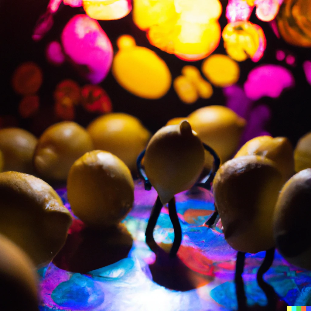 Prompt: Lemons dancing at the psychedelic party, 50mm