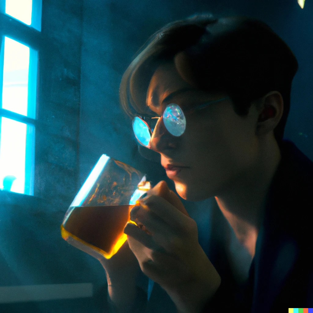Prompt: Light leaks into the room through the glass.  Harry Potter is drinking his tea, high quality