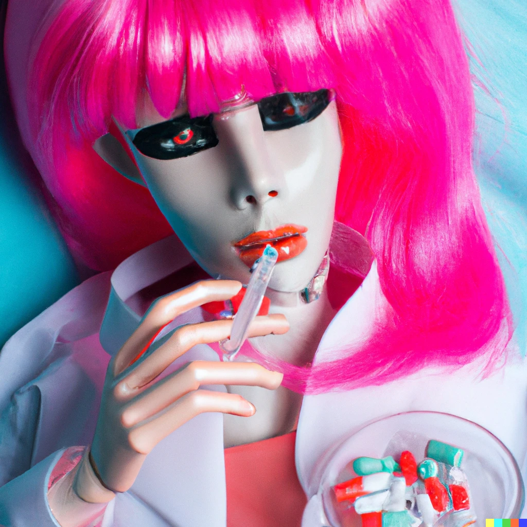 Prompt: pink wig as a human doing drugs