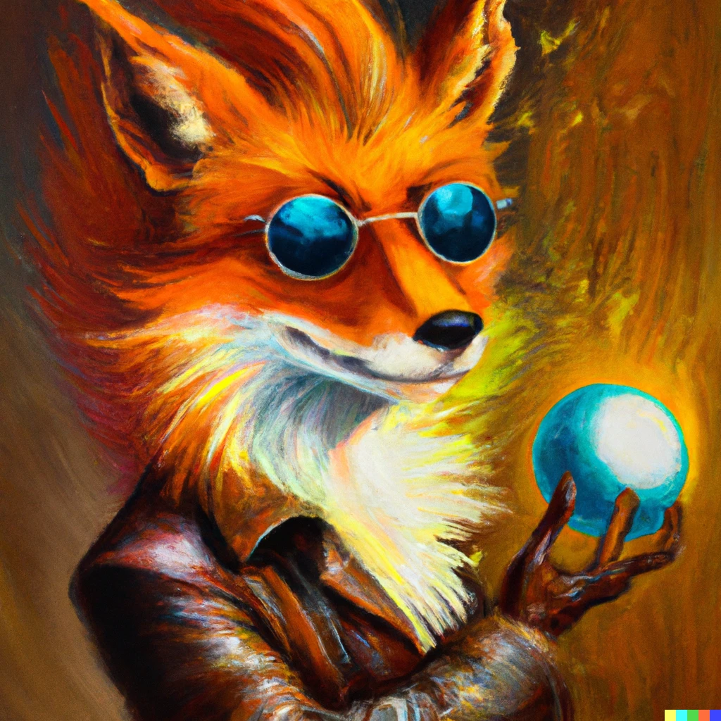 Prompt: An oil painting of an intelligent fox wearing leather jacket and smiling while holding a ball of magical energy and glossy sun glasses.