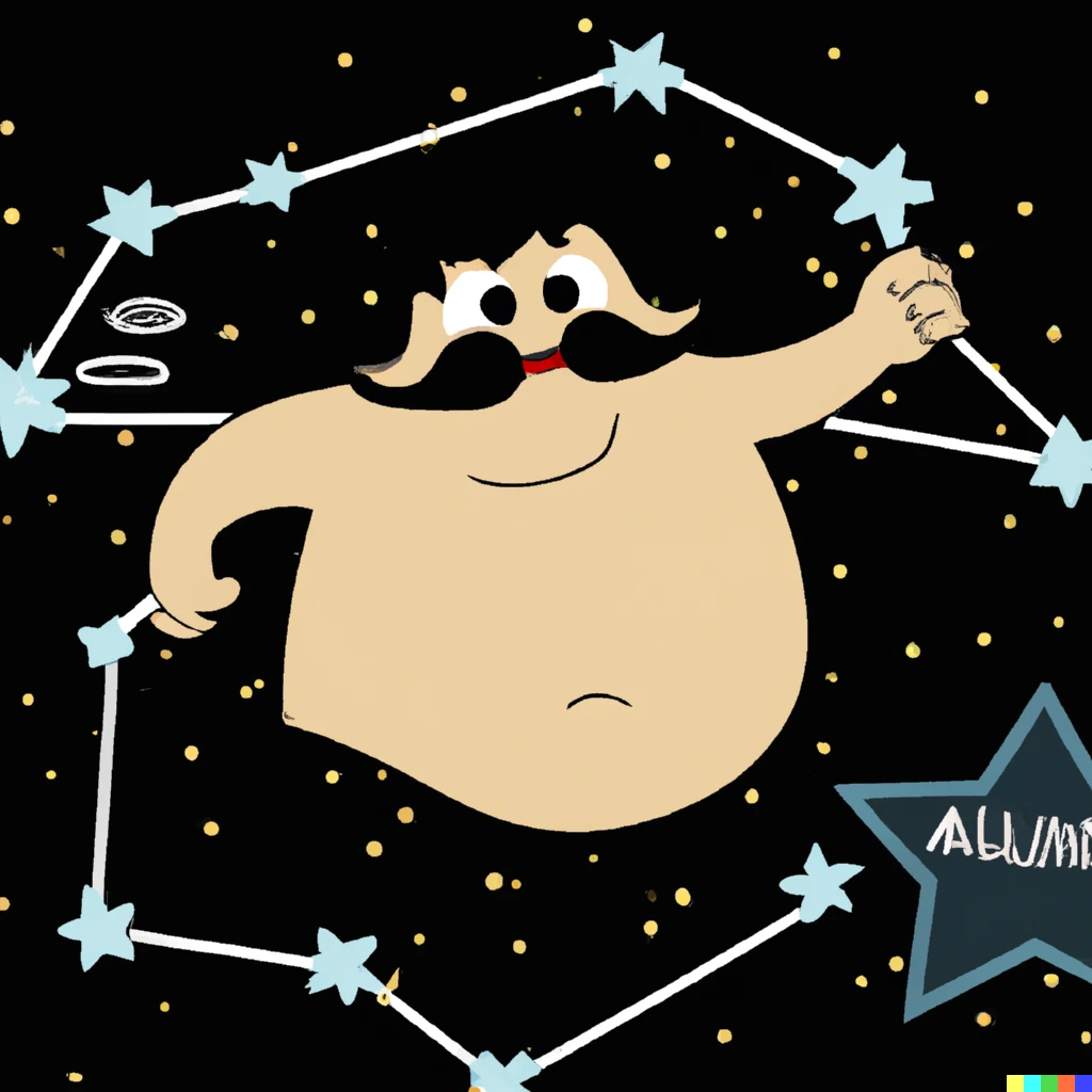 Prompt: A cartoon of a stars constellation in the form of the cartoon character Obelix smiling and rubbing his mustache