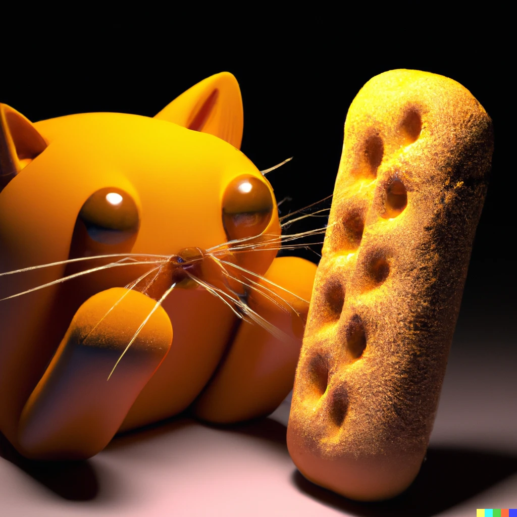 Prompt: A 3d digital art rendered using ray tracing of a bread in the shape of a cat eating croquettes in 3d