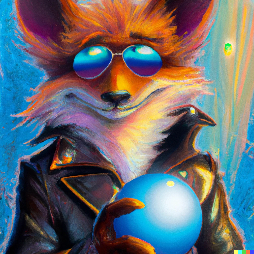 Prompt: An oil painting of an intelligent fox wearing leather jacket and smiling while holding a ball of magical energy and glossy sun glasses.