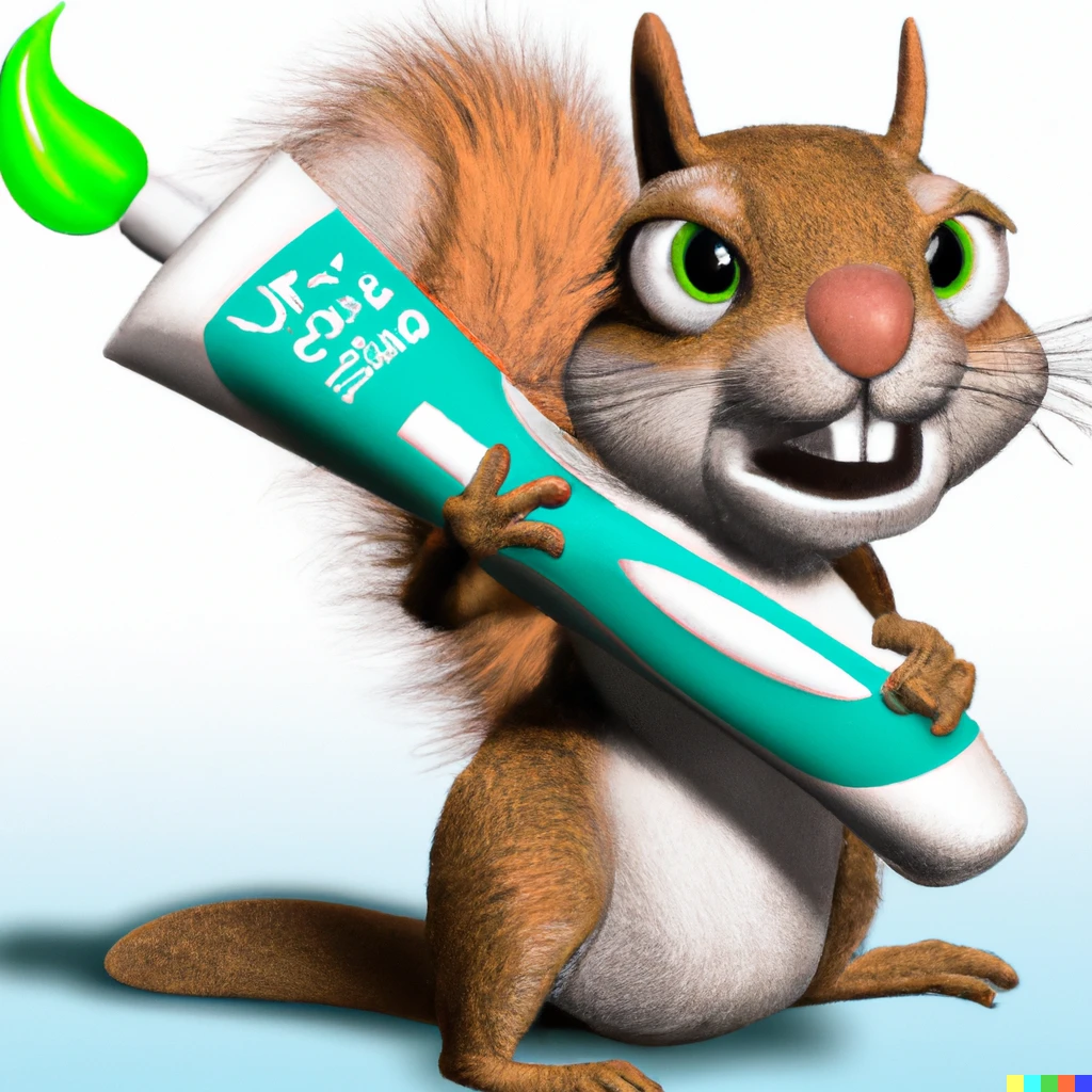 Prompt: A photorealistic image of a squirrel making an ad for a tooth paste.