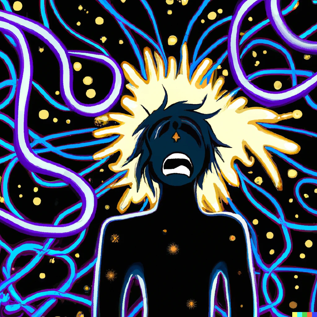 Prompt: A humain spaguettified by a blackhole while a supernova exploded in the background.