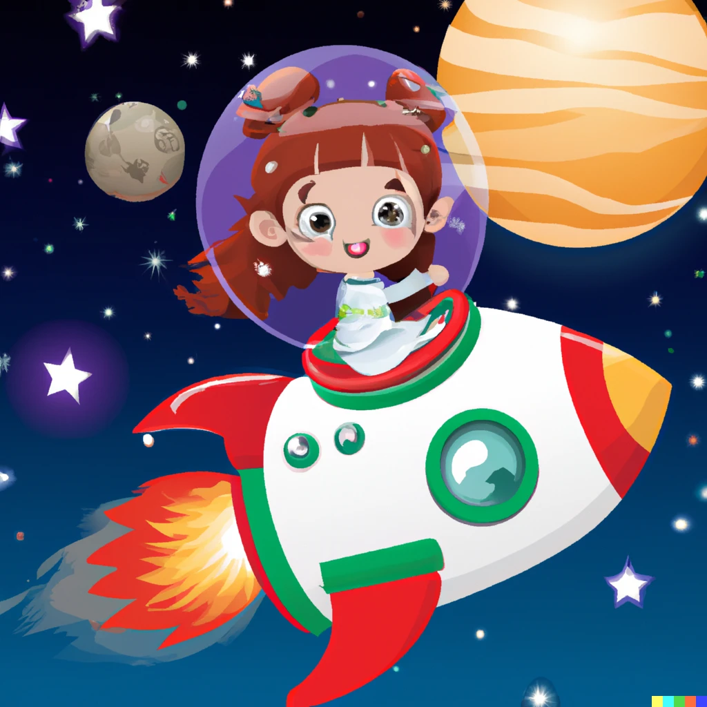 Prompt: A cartoon of a cute little girl riding a spaceship and heading to the moon