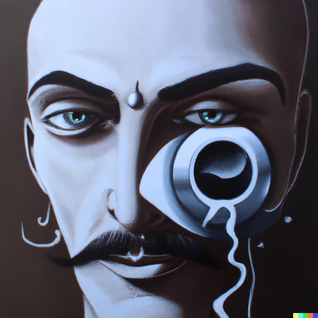 Prompt: An realisti  painting of a face that is half human half machine. The half human part looks like Salvador DALI and the half machine part has awashing machine as the eye.