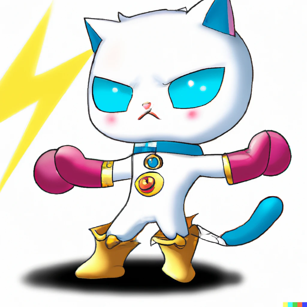Prompt: A white teddy cat with kawai eyes, a pink muzzle, a blue tail and blue ears wearing golden leather gloves and golden boots,  posing and showing its super powers with electricity coming out of its hands.