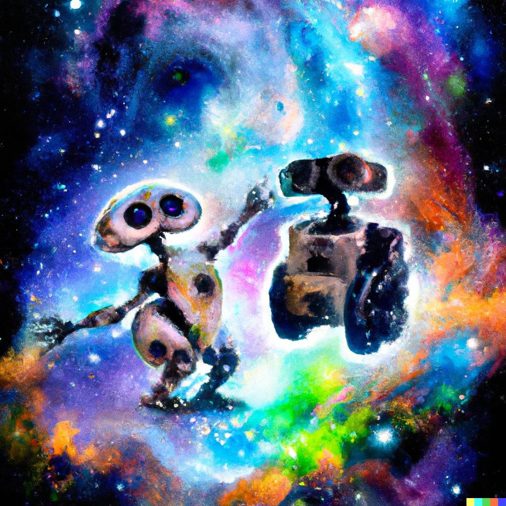 Prompt: Beautiful detailed digital art of Wall-e dancing with Eve in space near a colorful nebula. 