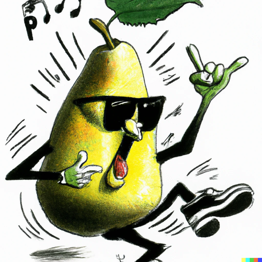 Prompt: A photorealisti  talking rock and roll pear dancing ans shaking its leaf like a rock and roll dinger.