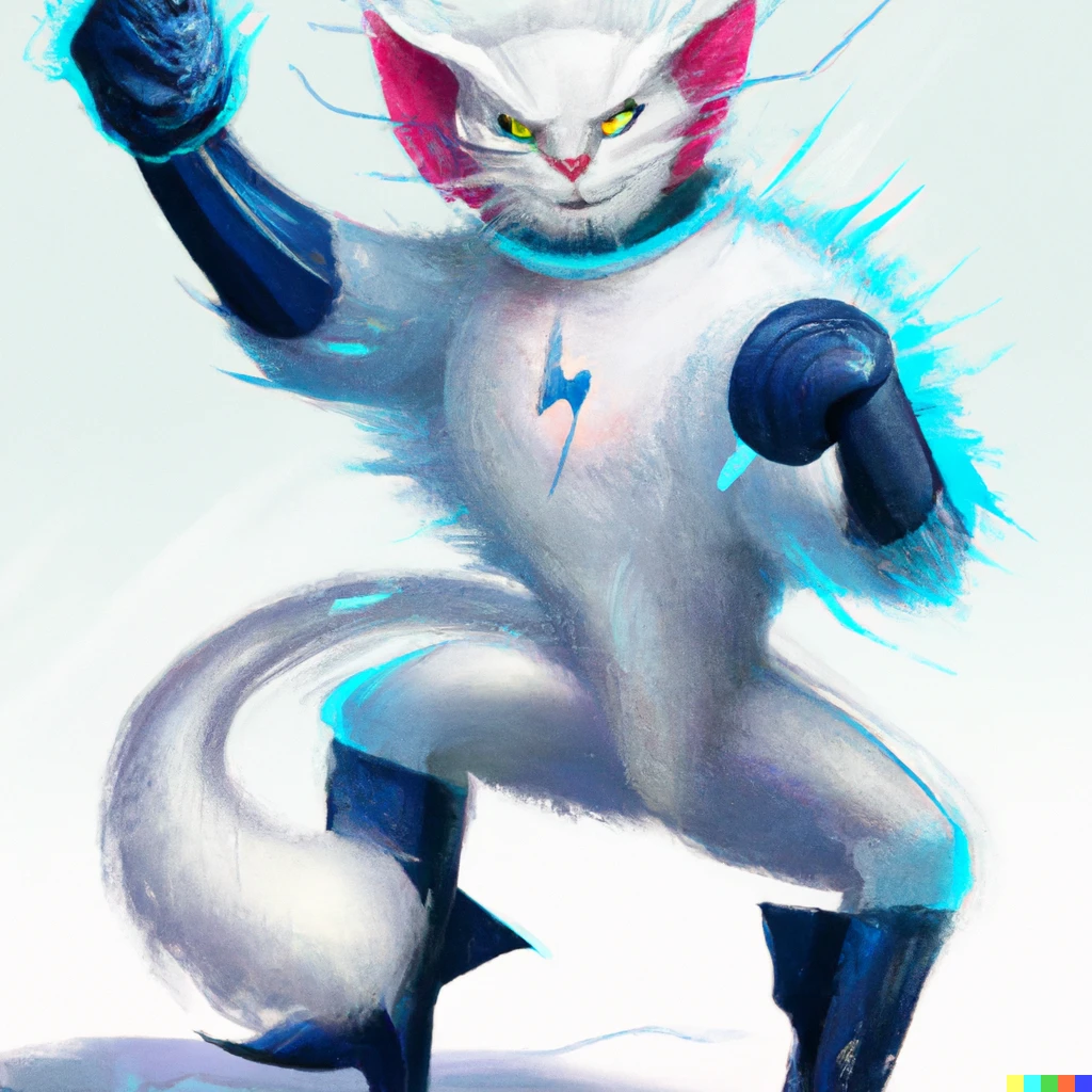 Prompt: A photorealistic digital art of a white cat with blue grooves wearing gloves and boots and has a pink muzzle posing and showing its ice super powers with electricity.