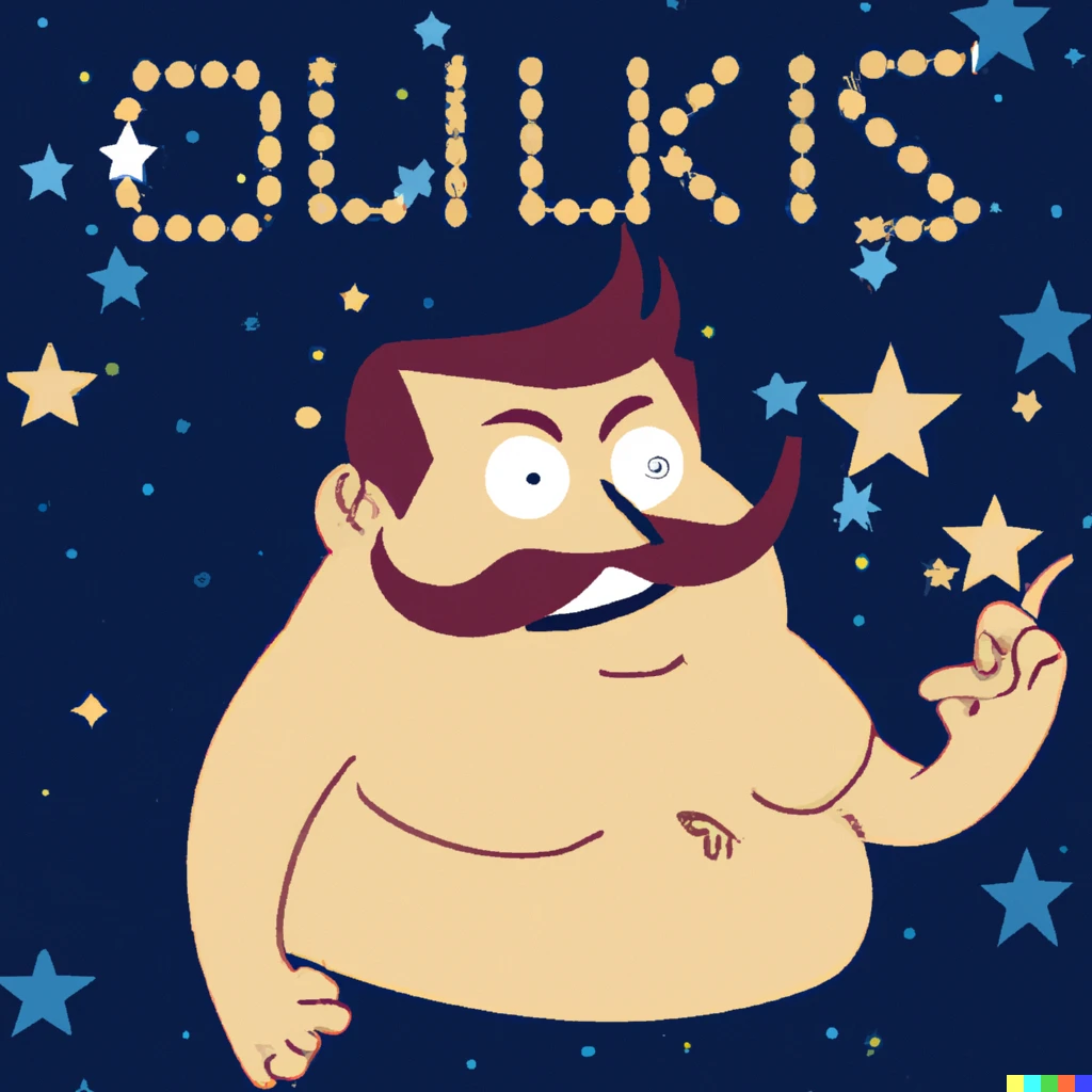 Prompt: A cartoon of a stars constellation in the form of the cartoon character Obelix smiling and rubbing his mustache