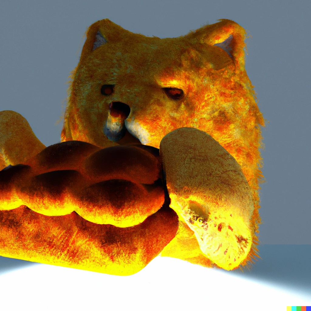 Prompt: A 3d digital art rendered using ray tracing of a bread in the shape of a cat eating croquettes in 3d