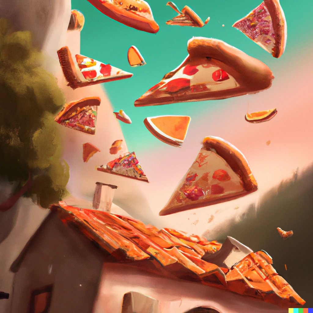 Prompt: pizza slices falling from the sky onto a small italian village, digital art