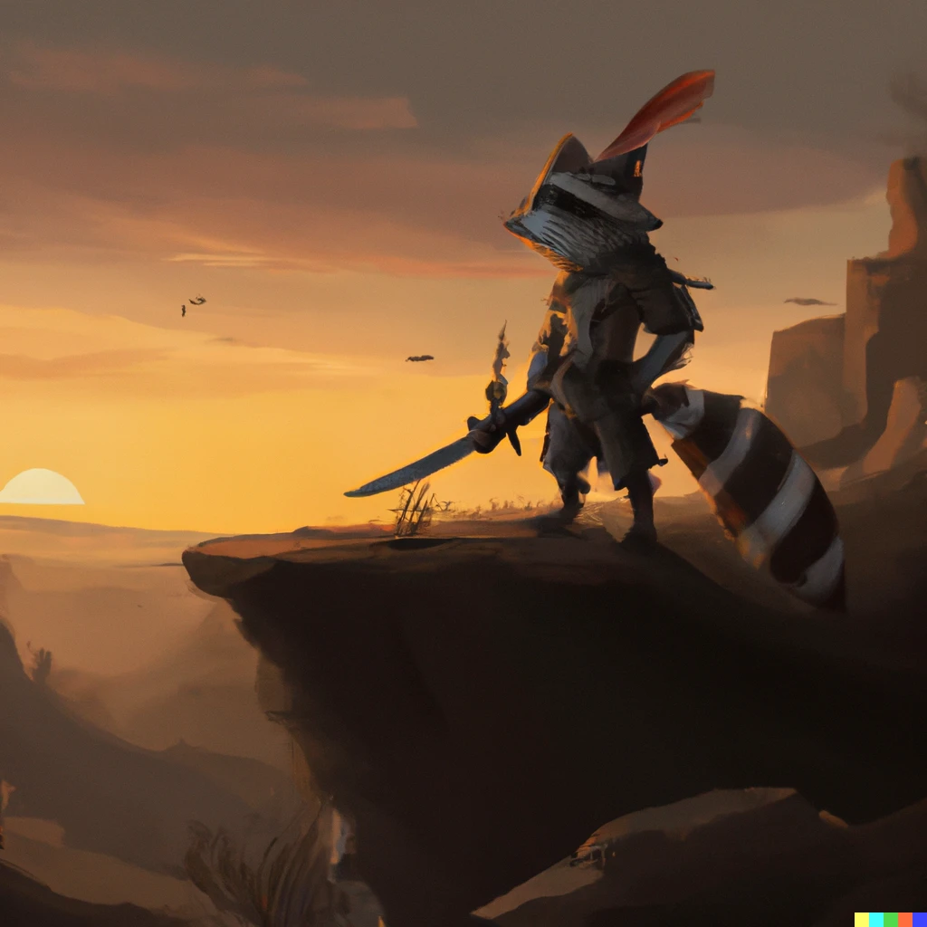 Prompt: A wide angle
shot of a racoon knight with a sword, standing on a cliff looking at the sunset, digital art