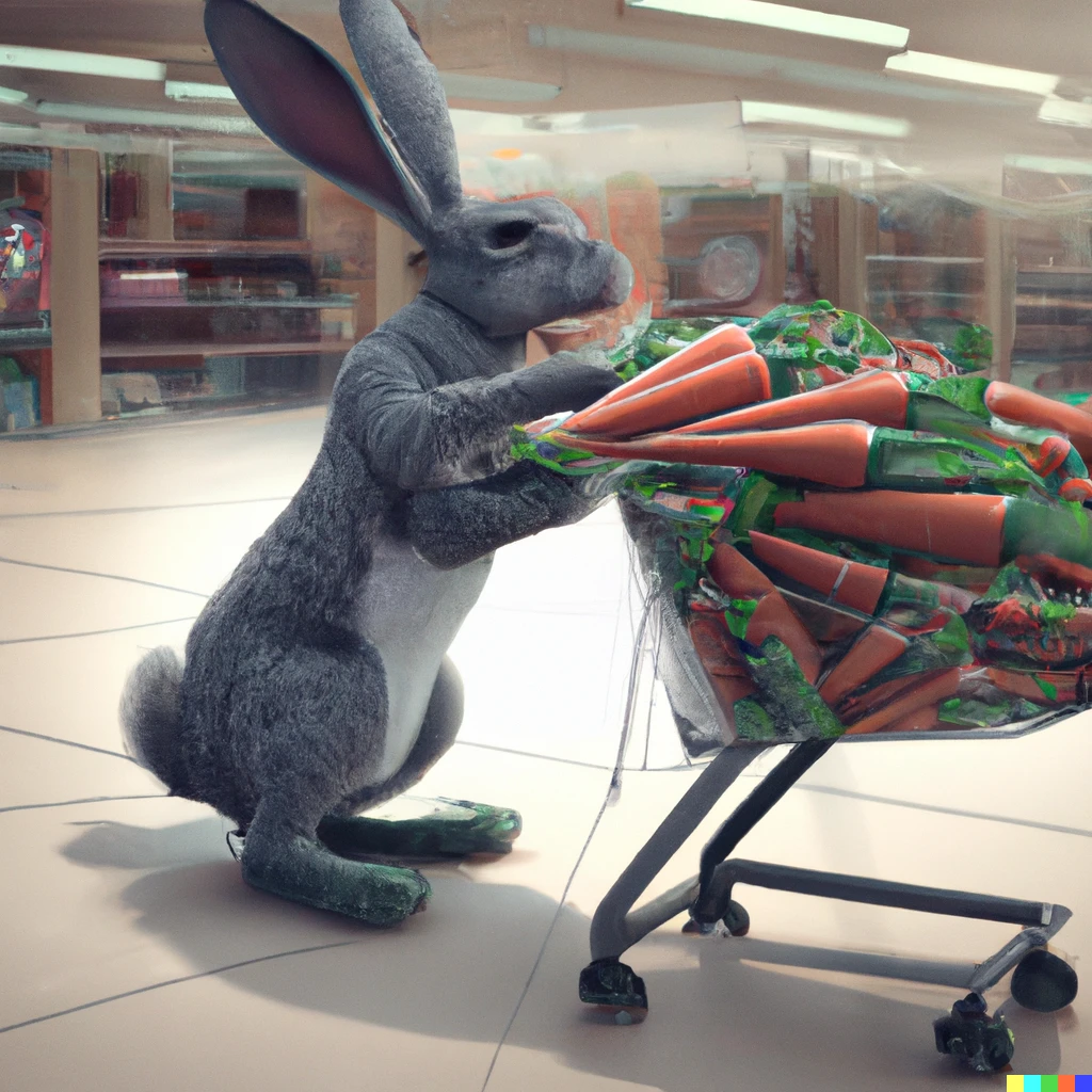 Prompt: A grey rabbit in a supermarket with a cart full of carrots, 3d digital art
